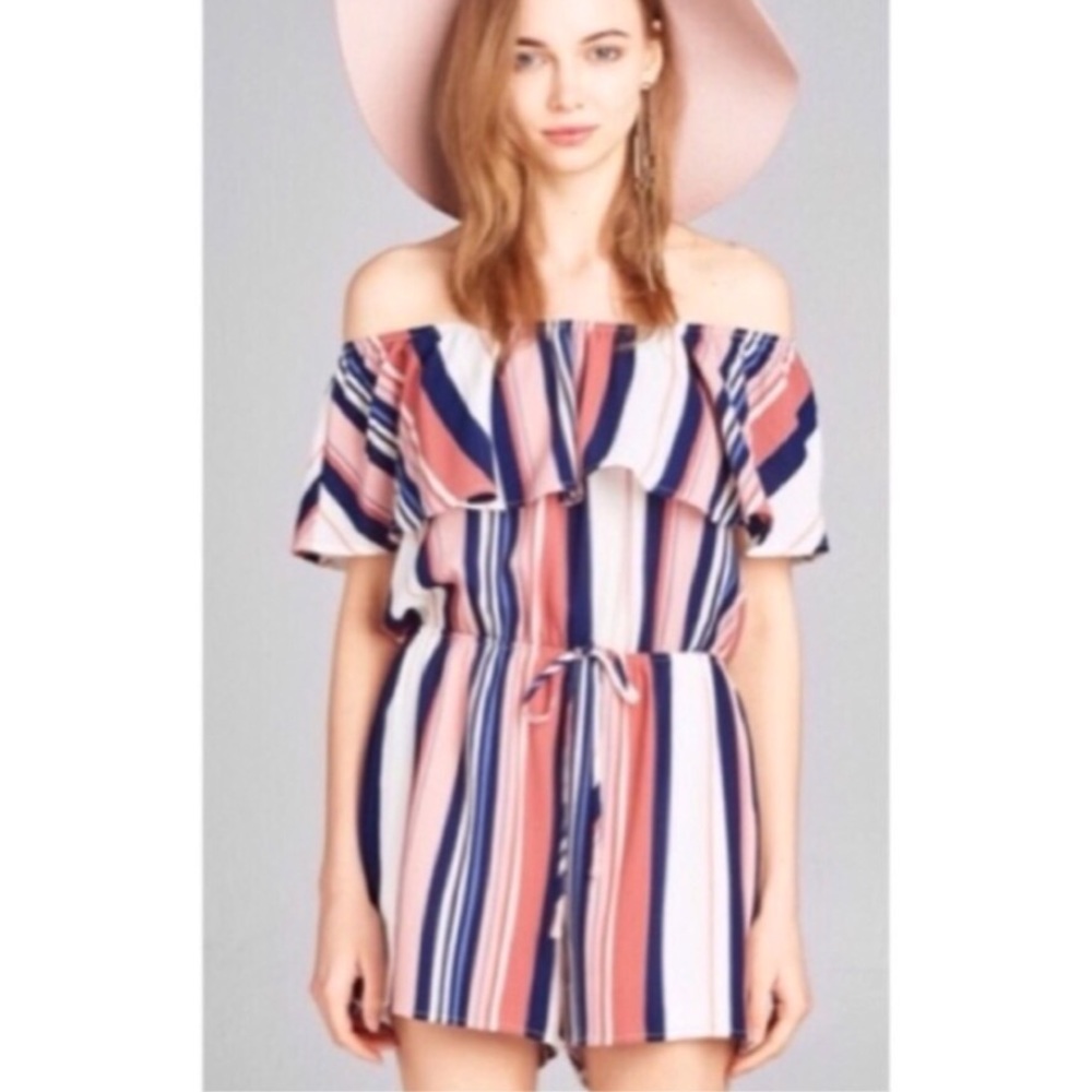 Striped Off Shoulder Romper - Picture 3 of 5